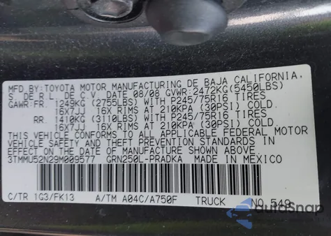2009 Toyota Tacoma Base V6 from USA, damaged, VIN 3TMMU52N29M009577